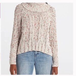 NEW! Les Serein Cozy Multicolor Cowl Neck Cable Knit Pullover Crop Sweater